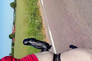 Fucking 2 Huge Toys Outdoors Close To A Public Road Flashing For Strangers While Blindfolded