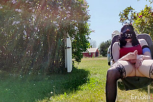 Fucking 2 Huge Toys Outdoors Close To A Public Road Flashing For Strangers While Blindfolded