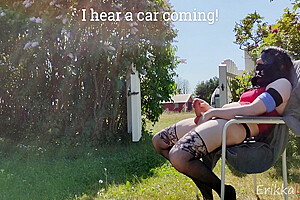 Fucking 2 Huge Toys Outdoors Close To A Public Road Flashing For Strangers While Blindfolded