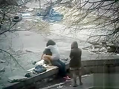 Girl watches her friend having sex and squirting in public