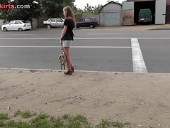Glamorous golden-haired in denim upskirt vid