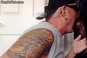 Gloryhole DILF sucks cock and swallows cum in amateur video