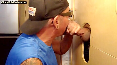 Gloryhole gaydaddy closeup sucks cock and gets cum in mouth