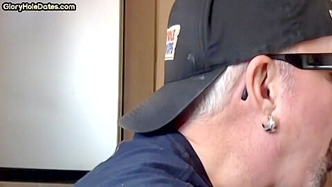 Gloryhole homemade DILF sucks cock in closeup at home