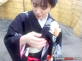 Gorgeous Asian brunette babe in her sexy and stunning kimono gagging a hard cock and fucked