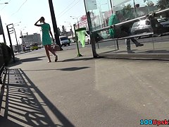 Green dress of the model babe lets enjoy her upskirts