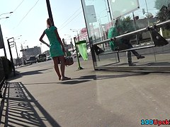 Green dress of the model babe lets enjoy her upskirts