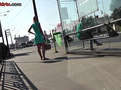 Green dress of the model babe lets enjoy her upskirts