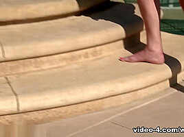 Hairy girl Veronica Snow goes swimming in her pool