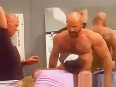 Hairy muscle rimming friends in public toilet