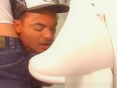 Hairy muscle rimming friends in public toilet
