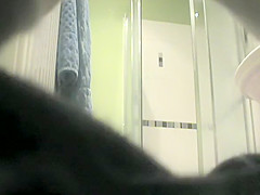 Hairy pussy woman showering and drying