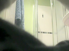 Hairy pussy woman showering and drying