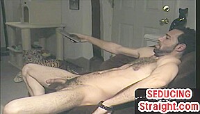 Hairy str8 stud sucked by tattooed gay DILF at home