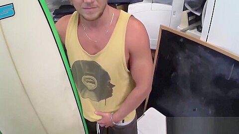 Handsome surfer photoshooting before spitroast in POV