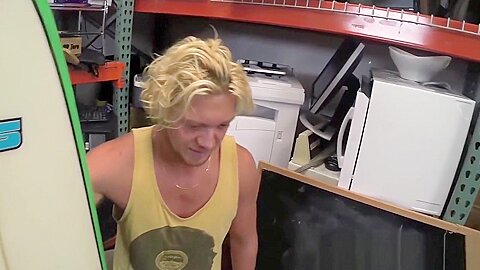 Handsome surfer photoshooting before spitroast in POV