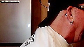 Homemade gloryhole DILF sucks and wanks cock in closeup
