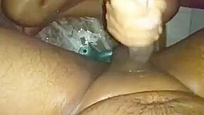 Horny couple wife giving handjob at night