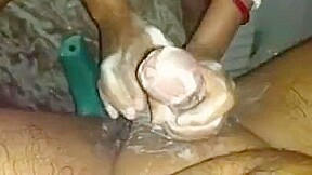 Horny couple wife giving handjob at night