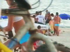 Hot beach with hot babes in tight shorts playing volleyball