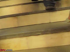Hot upskirt porn with auburn-hair gal in a public place