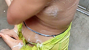 Indian House Wife Bathing Outside