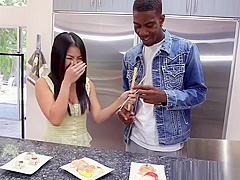 Japanese babe doggystyled in the kitchen