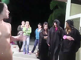 Lesbian trio nibbles gushing college pussy outdoors