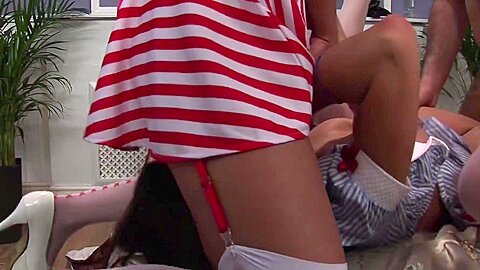 Lucky Dude Has Two Hotties In Mini Skirts Sucking His Tool