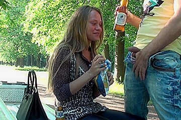 Lustful pair nudity flash and barefaced oral-sex in the park