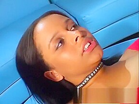 Lusty ebony model puts her lips around this lucky stud's fat boner