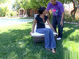 Mighty fine ebony babe sucking and riding outdoors