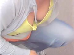 Mind blowing view on round tits semi spheres downblouse