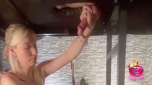 Mistress Milks And Ruins His Orgasm Into A Cup On The