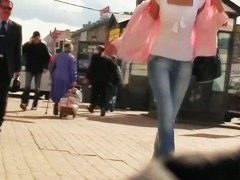 Model quality, long legged girl in the street candid scene