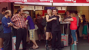 Naked blonde in line at fast food shop