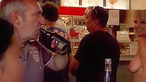 Naked blonde in line at fast food shop