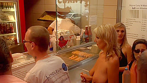 Naked blonde in line at fast food shop