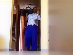 Naked ebony girlfriend in hotel room takes room service delivery