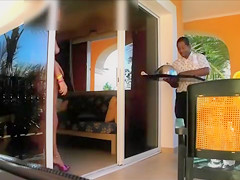 Naked ebony girlfriend in hotel room takes room service delivery