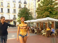 Naked ginger slave led through Madrid