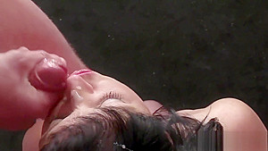 Nasty looker gets jizz shot on her face gulping all the load