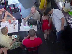 Natural busty slave banged in public