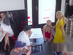 Natural busty slave banged in public