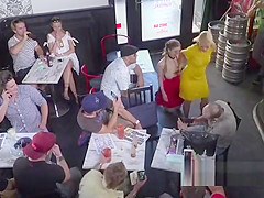 Natural busty slave banged in public