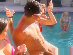 Naughty CFNM babes cocksucking at pool party
