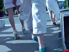 Nice upskirt pussy pics of a dark-haired bombshell