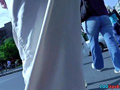 Nice upskirt pussy pics of a dark-haired bombshell