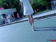 Nice upskirt pussy pics of a dark-haired bombshell