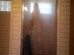 Old *** sitter viigorously rubbing clit and asshole in shower